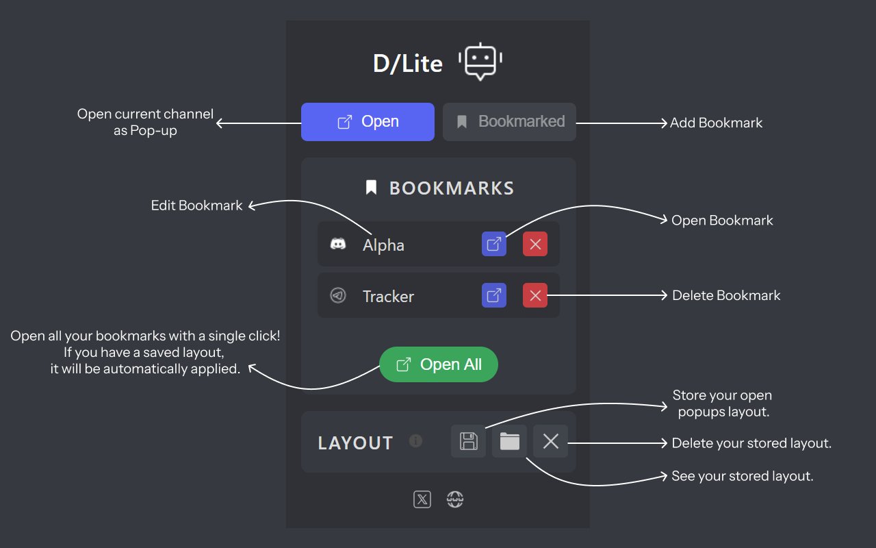 DLite Chrome extension showing Discord and Telegram in lightweight windows